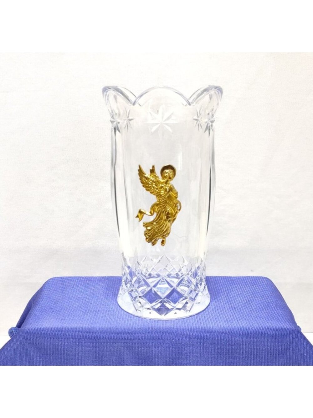 Teleflora Angel Candle Vase Bohemian Lead Crystal Scalloped Rim Crosscut Diamond